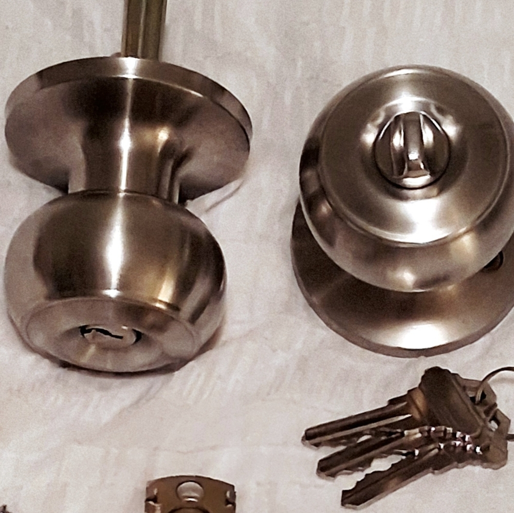 Stainless Steel Locking Door Knob Set, with 3 Keys, Instructions, and Parts